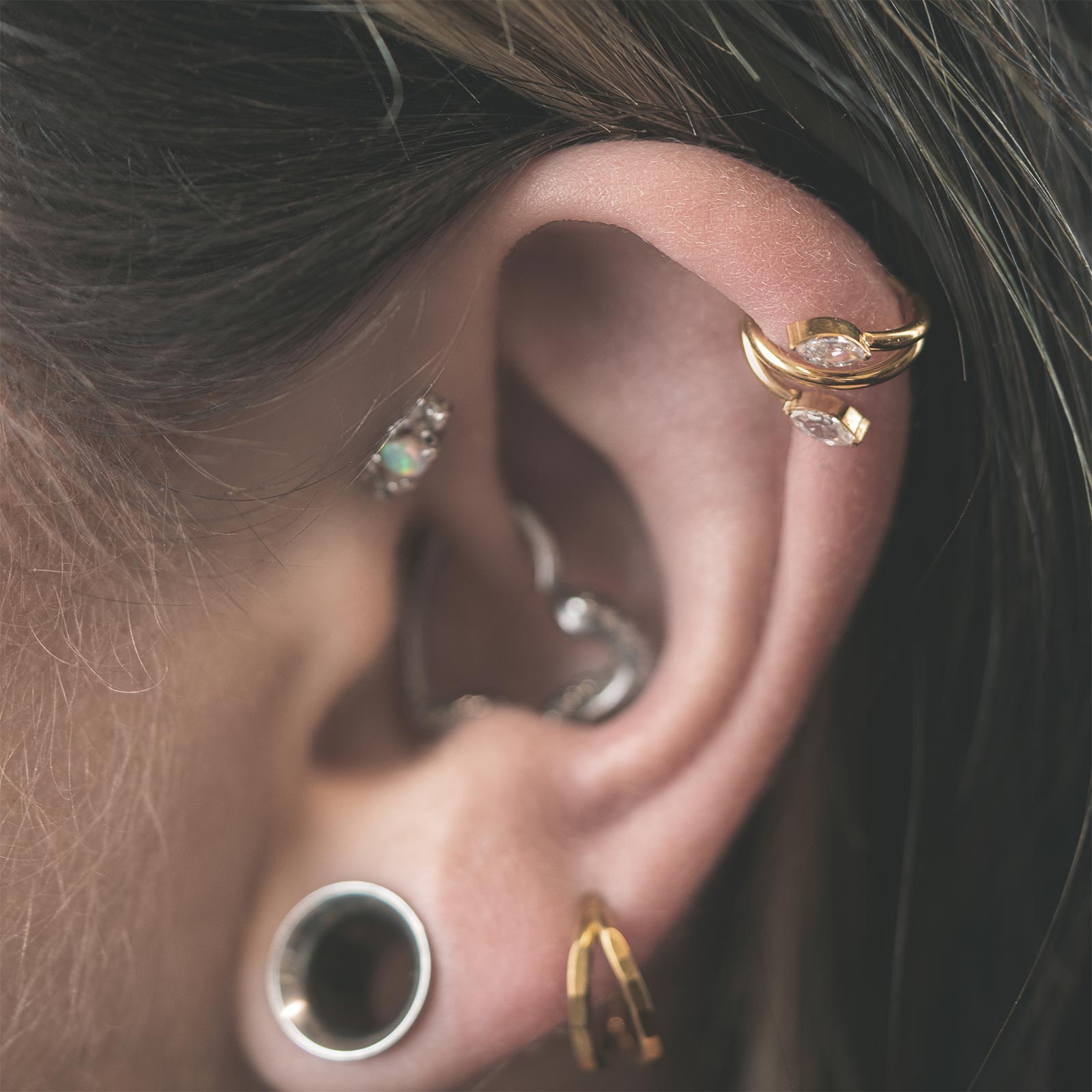 Vine Double Marquise Gold PVD Titanium Hinged Segment Ring Model Shot