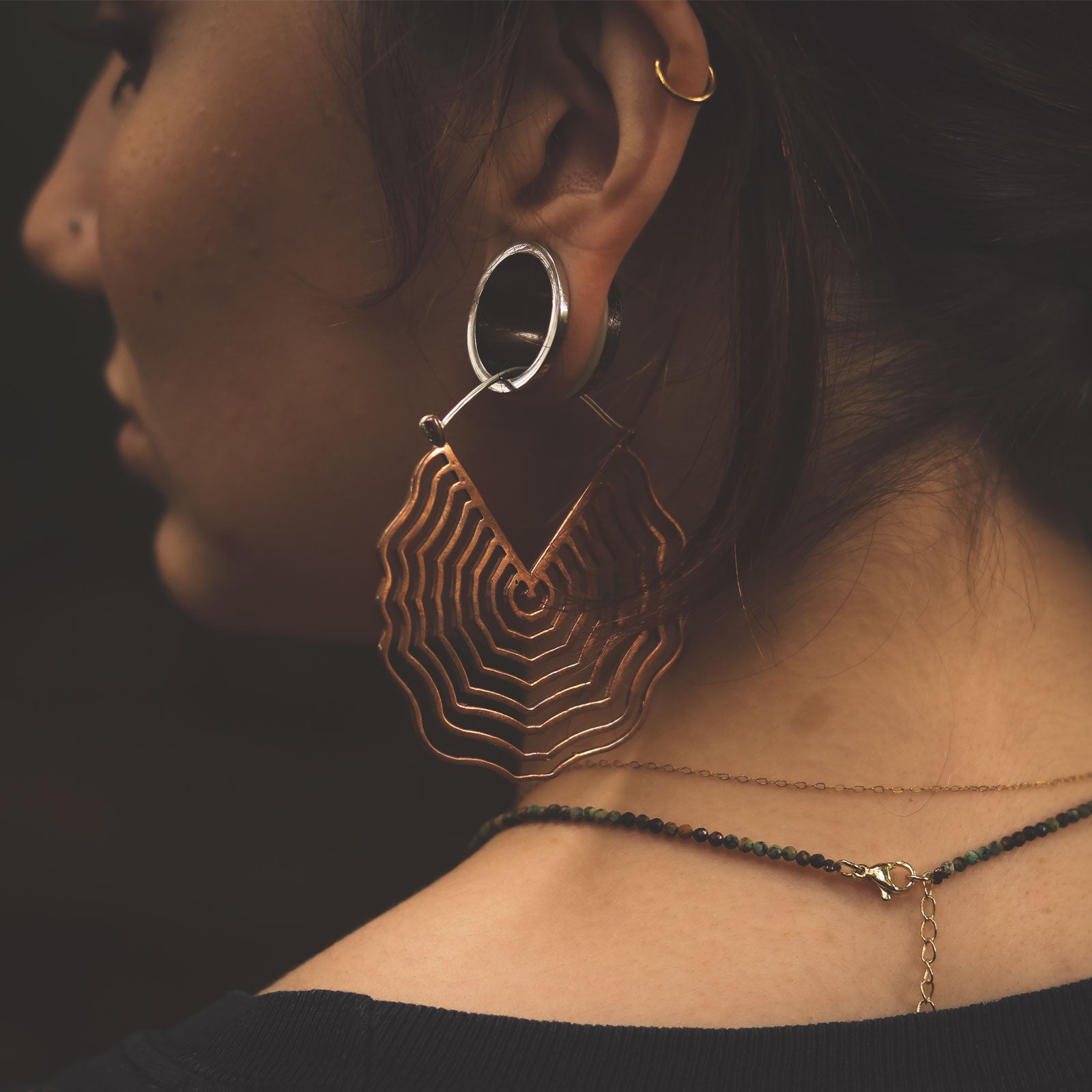 Wavy Tribal Copper & Silver Plug Hoops Model Shot