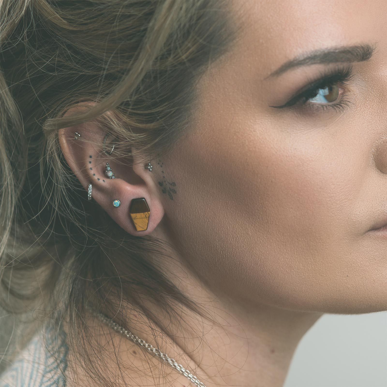 Yellow Tiger's Eye Double Flare Coffin Stone Plug Model Shot