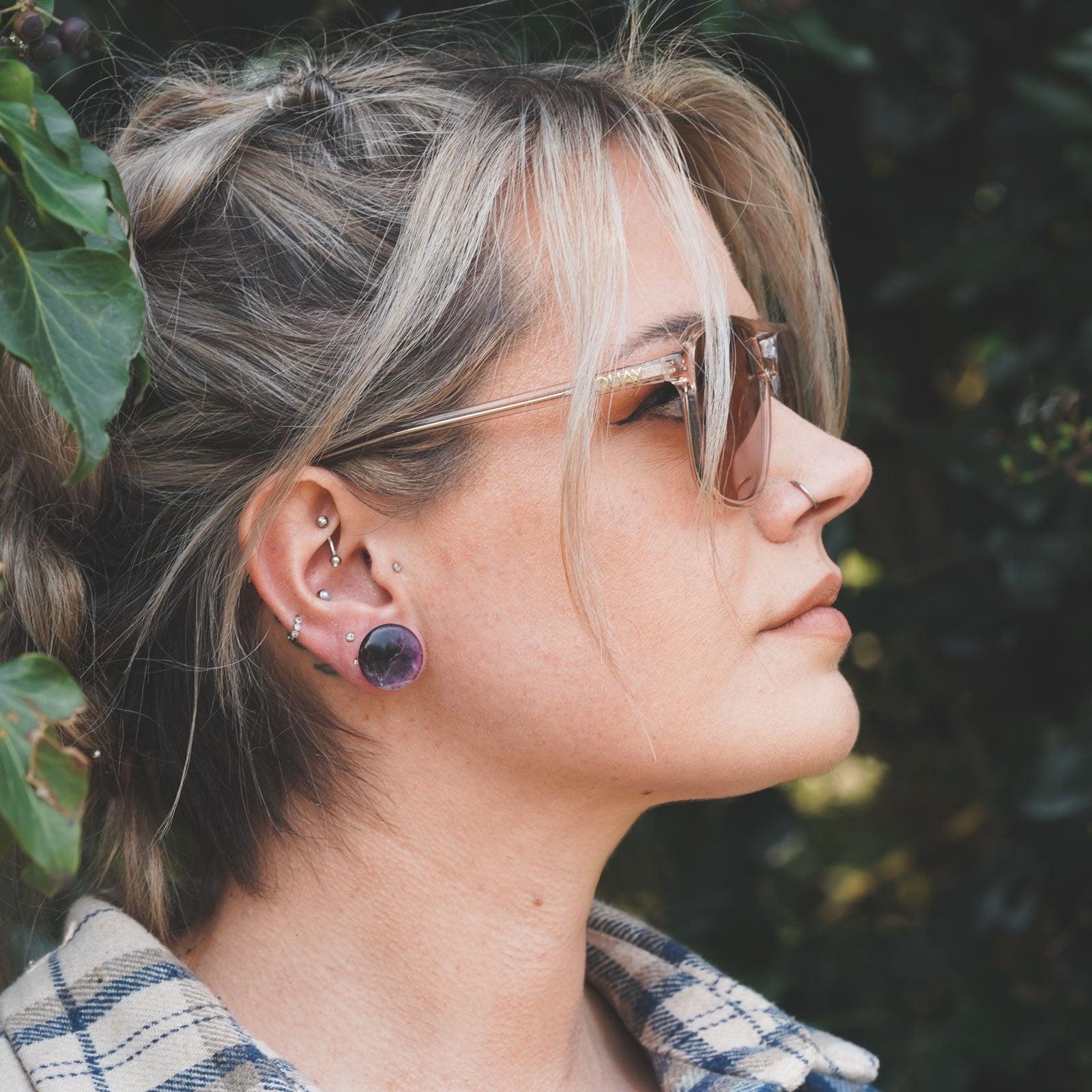 Amethyst Single Flare Convex Stone Plug Model Shot