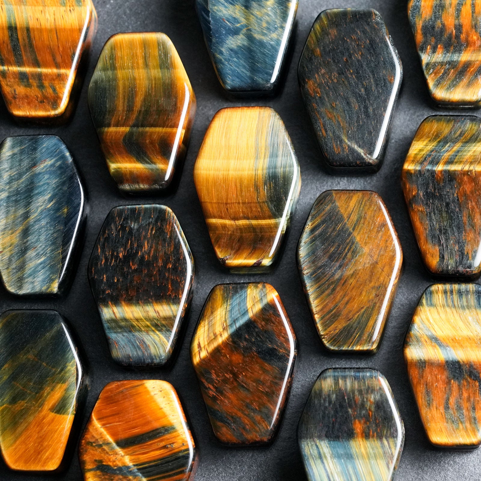 Blue Tigers Eye Double Flare Coffin Stone Plug Groupshot