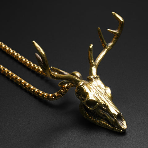 Deer Skull Brass Pendant With 18k Gold Box Chain