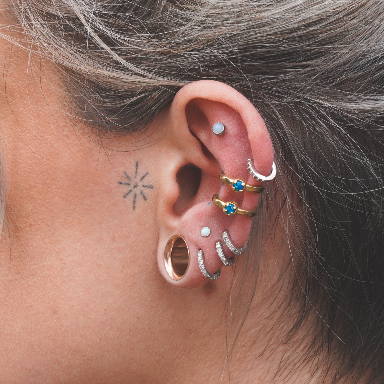 Double Hoop With Synth Blue Opal Brass Ear Cuff Model Shot