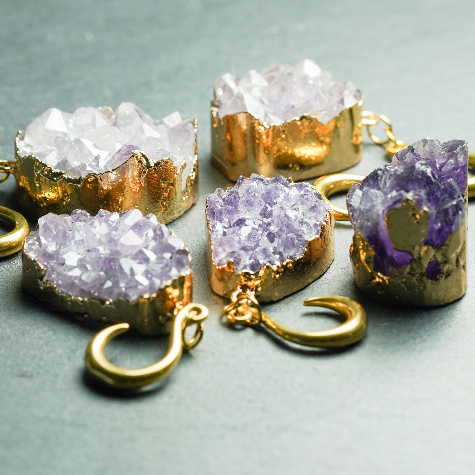 Druzy Amethyst And Gold PVD Surgical Steel Ear Weight Group Shot
