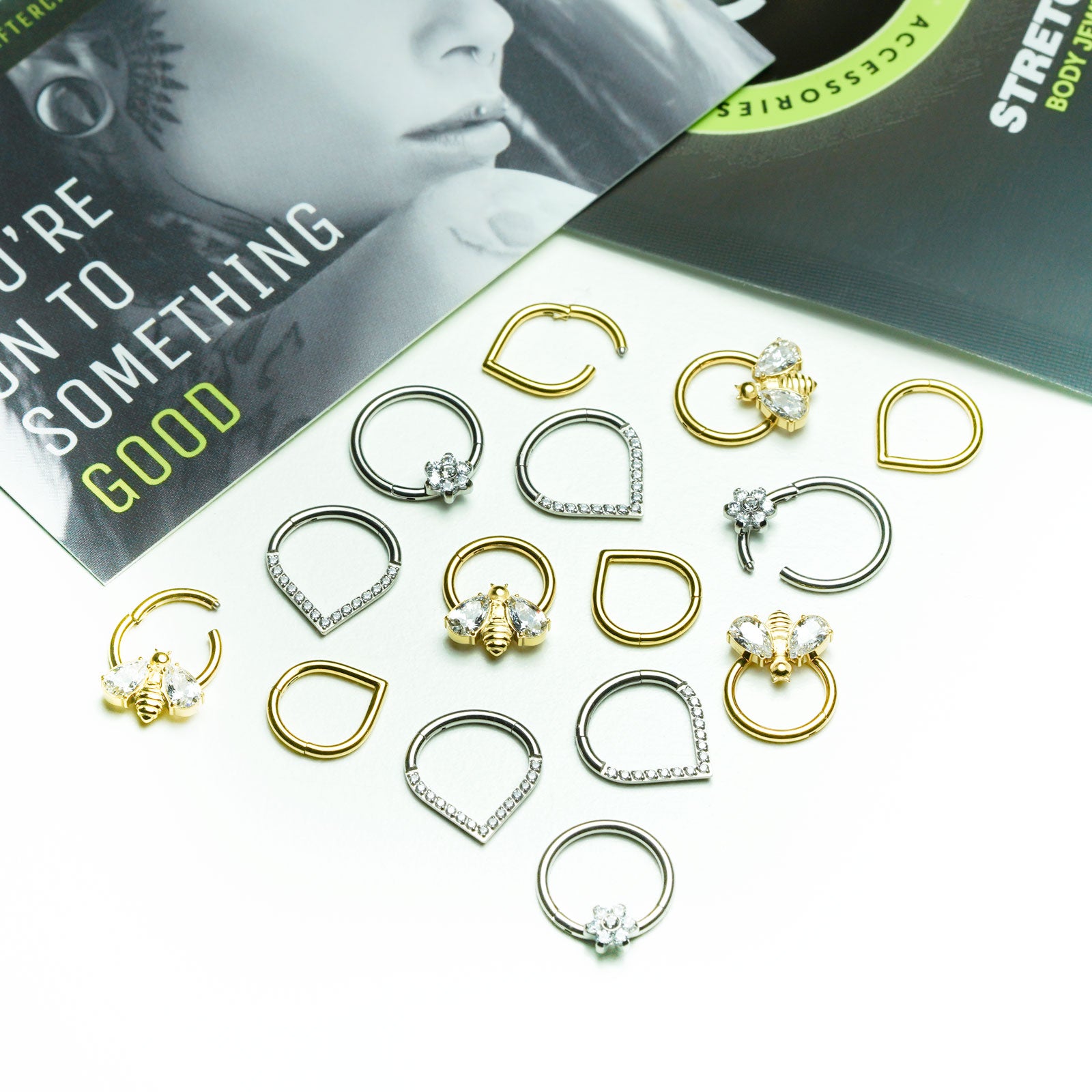 Flower, Bumble Bee and V-Shape Bejewelled Septum Clickers Group Shot