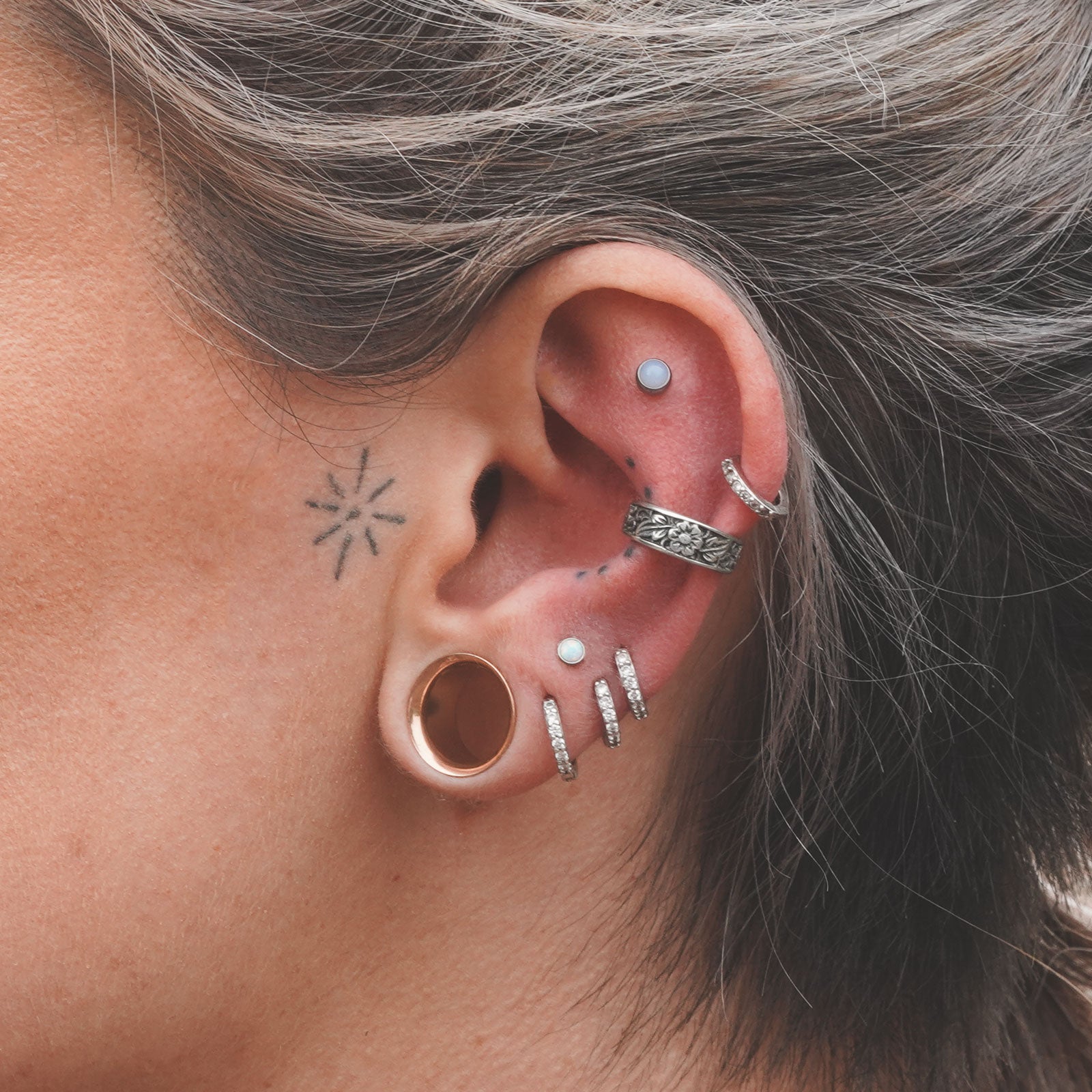 Flower & Foliage White Brass Ear Cuff Model Shot