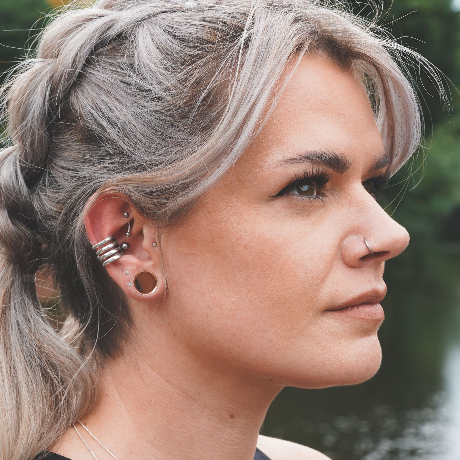 Four Hoop White Brass Ear Cuff Model Shot