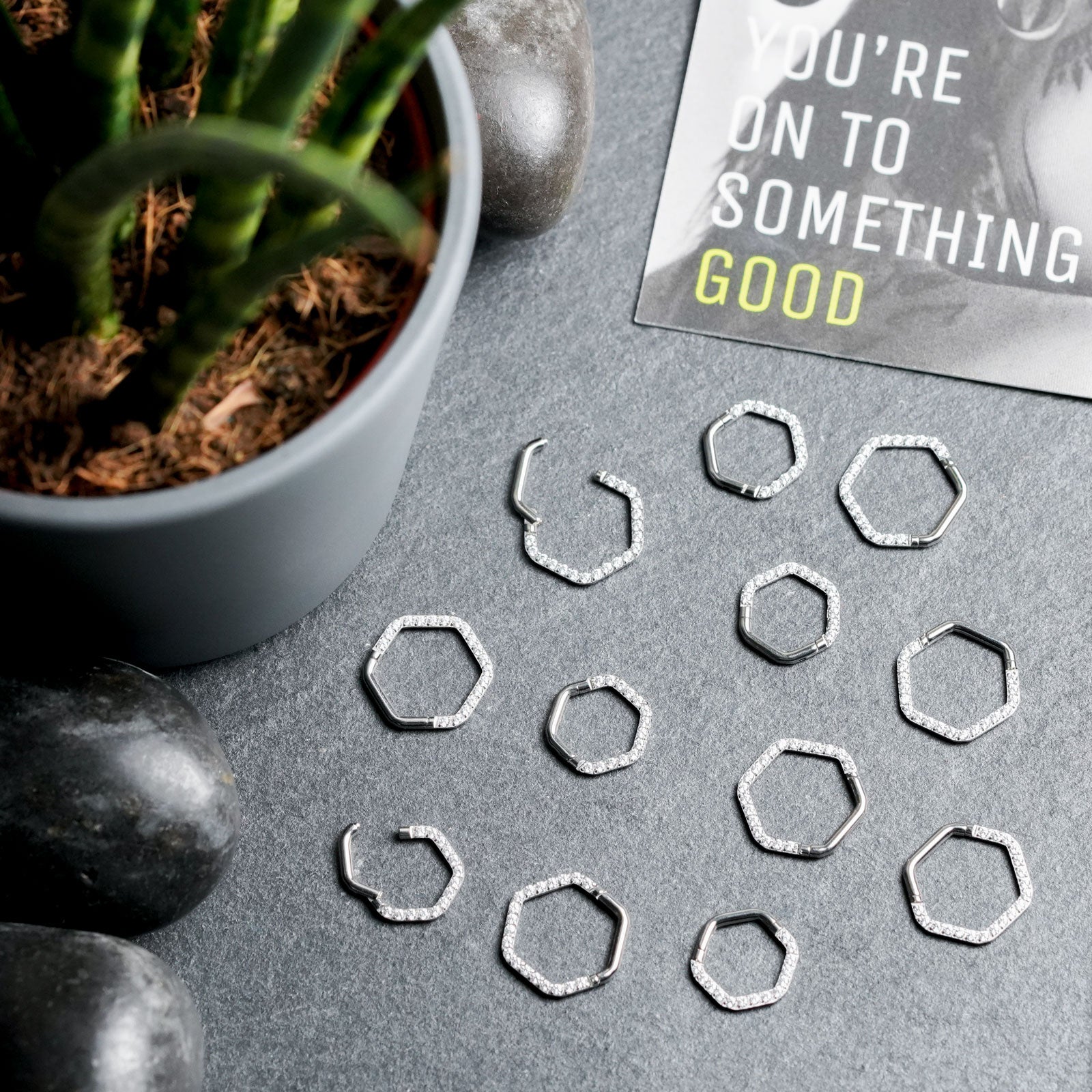 Hexagon Bejewelled Titanium Septum Clicker Group Shot