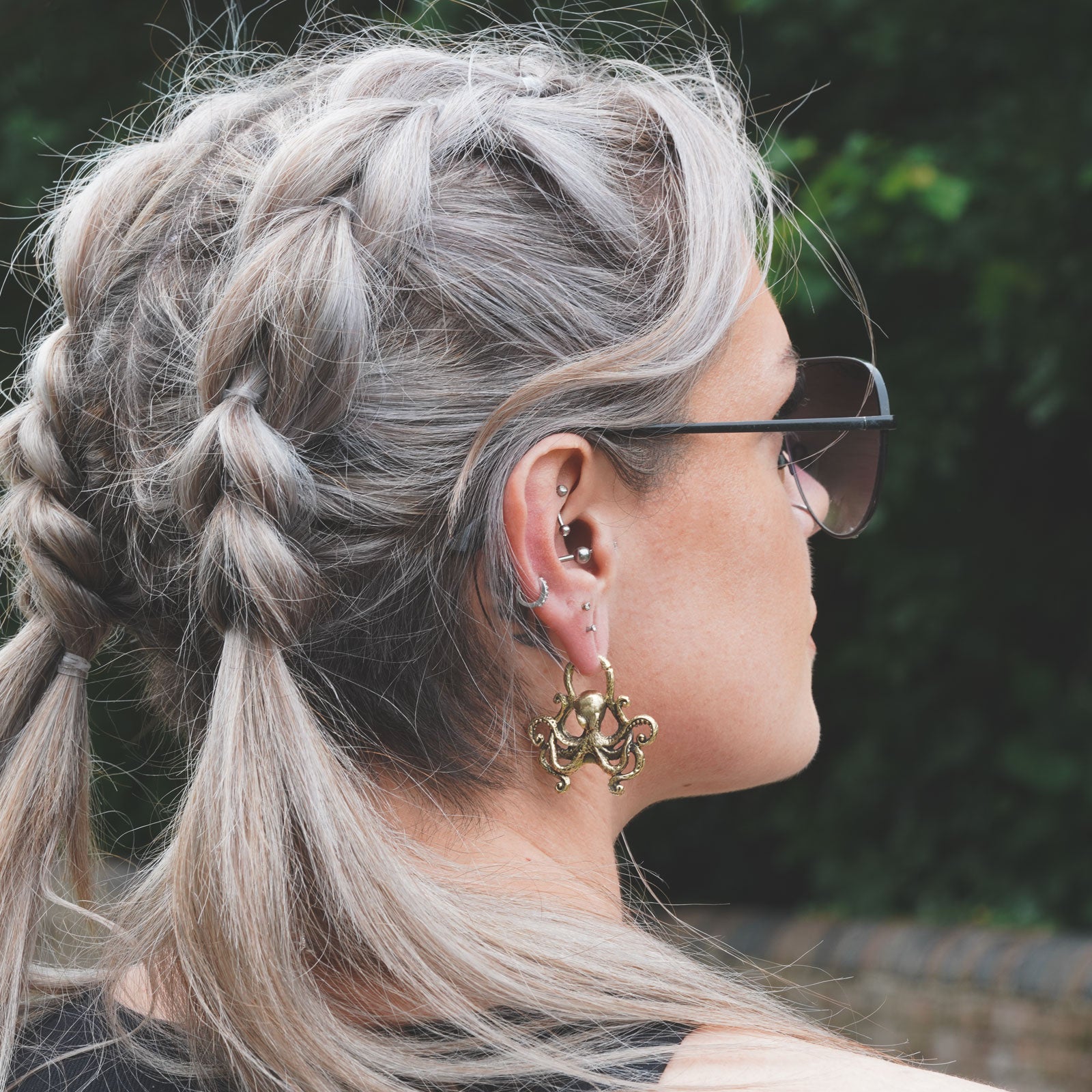 Kraken Hinged Clicker Brass Plug Hoops Model Shot