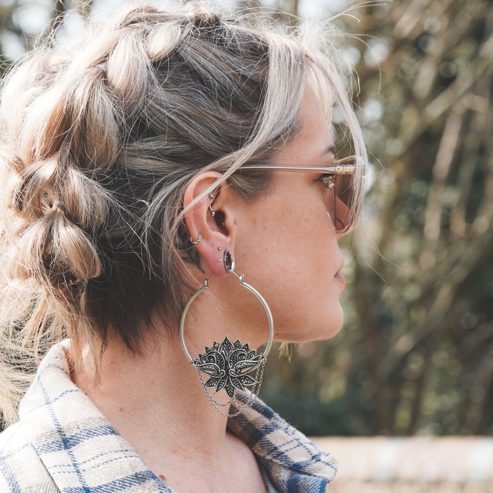 Lotus Chain Antique Silver Plug Hoops Model Shot
