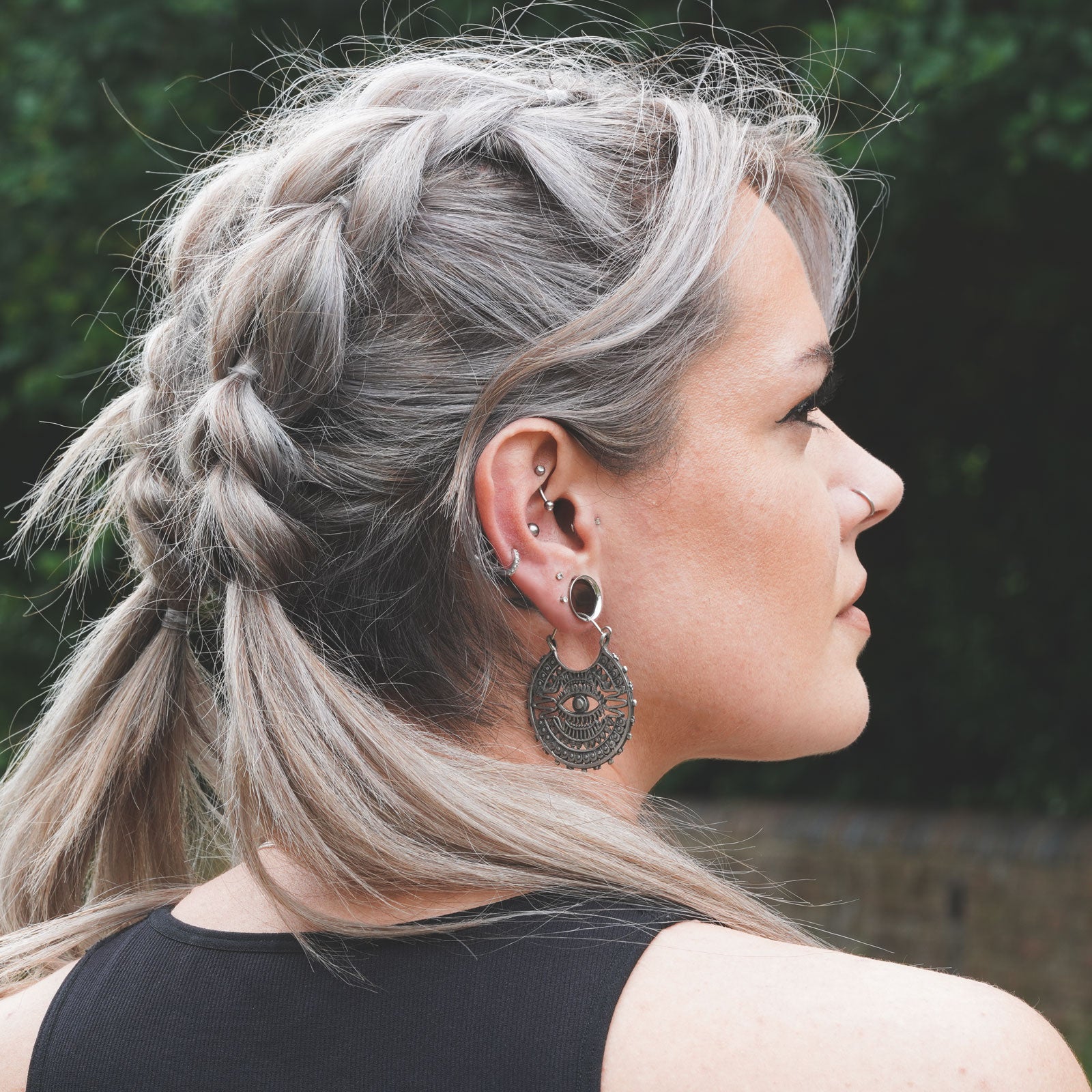 Mayan All Seeing Eye White Brass Plug Hoops Model Shot