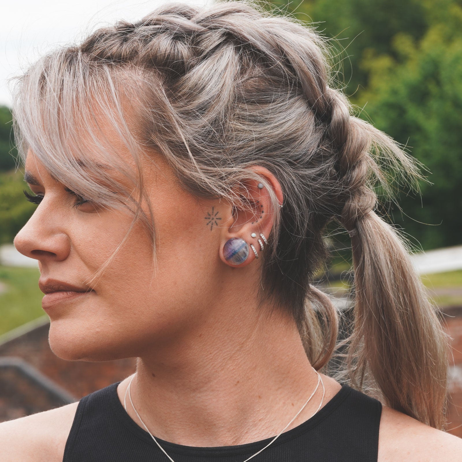 Rainbow Fluorite Single Flare Convex Stone Plug Model Shot