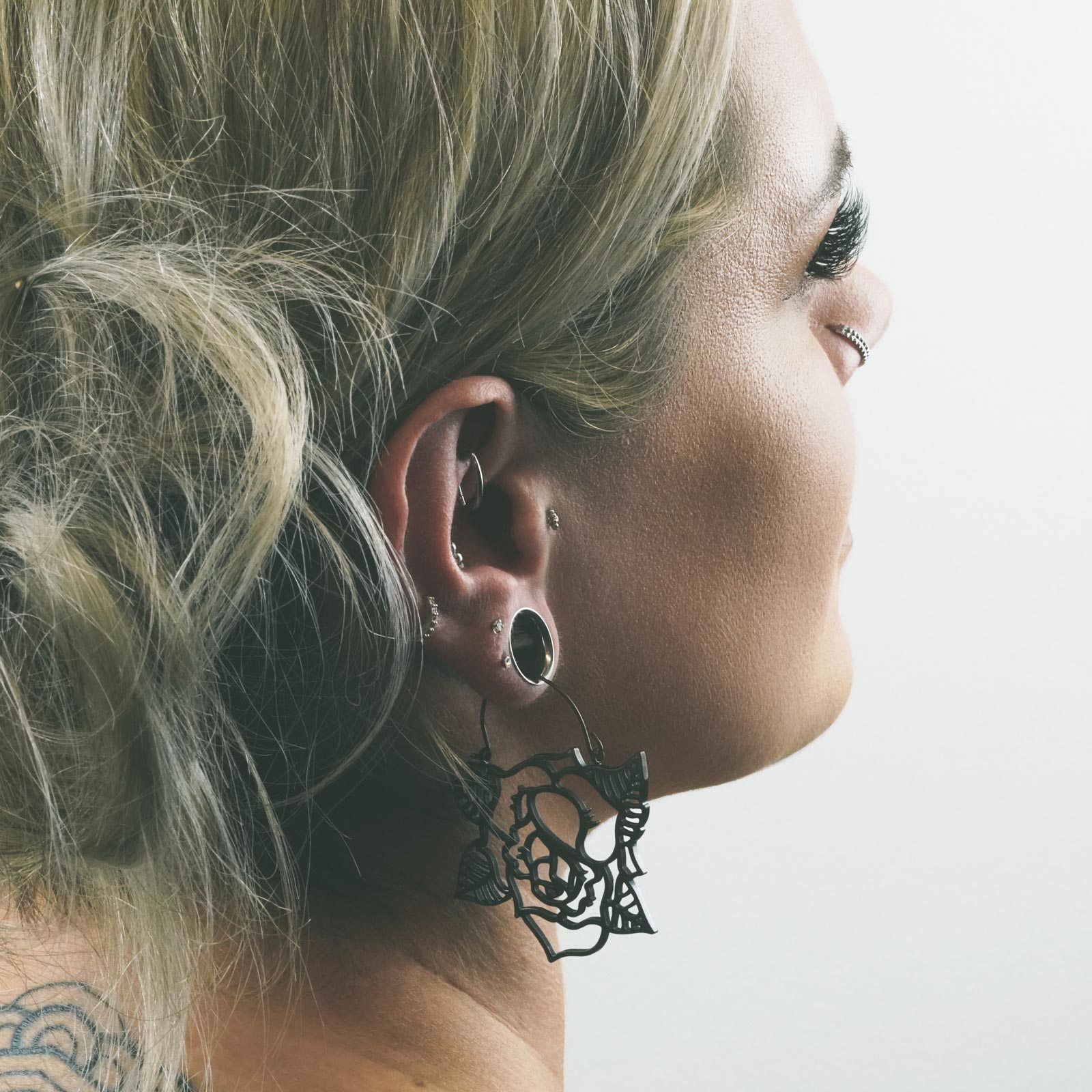 Rose Black PVD Plug Hoops Model Shot