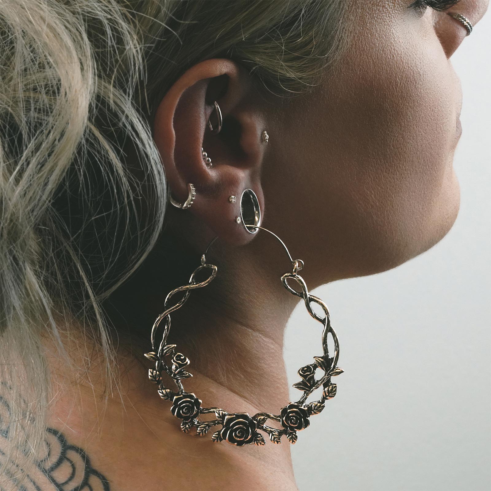 Rose Vine Antique Silver Plug Hoops Model Shot