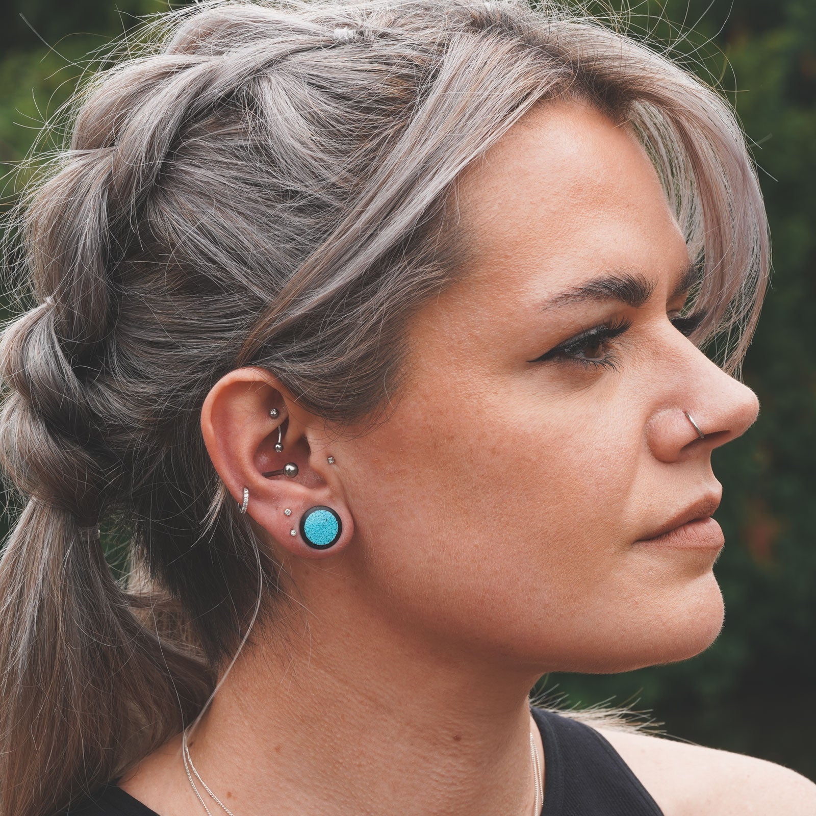 Sono Wood Double Flare Plug With Crushed Turquoise Inlay Model Shot