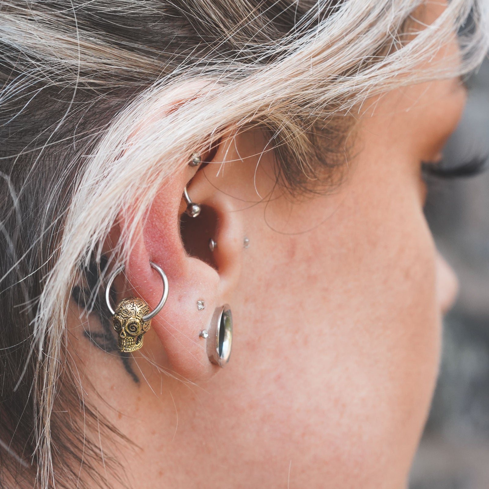 Sugar Skull Brass & Surgical Steel BCR Ball Closure Ring Model Shot