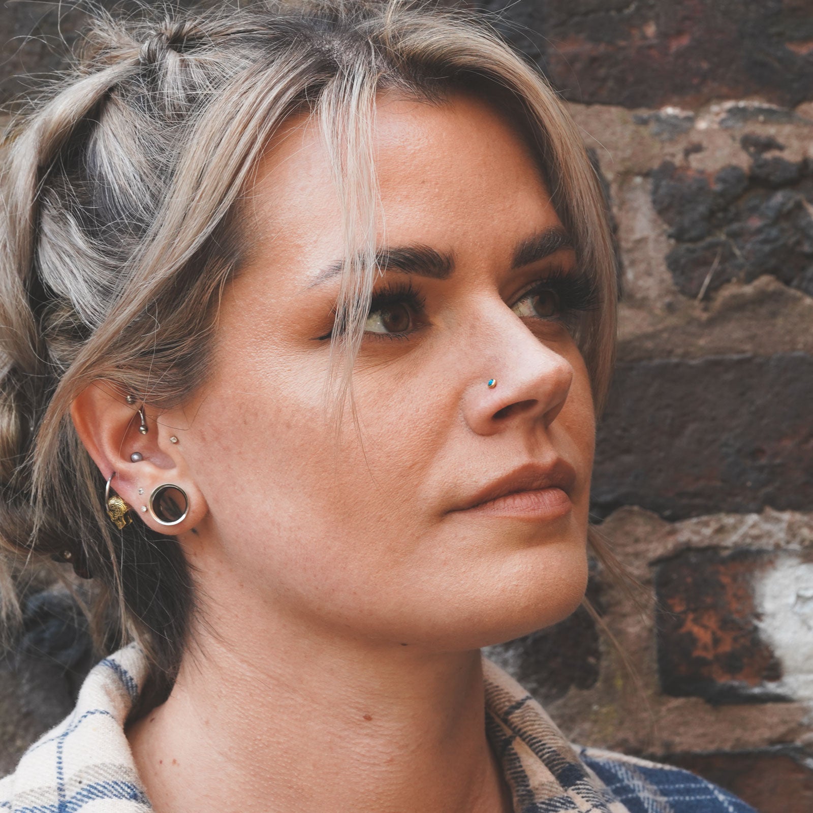 Synthetic Blue Opal Brass Nose Stud (Nose Bone) Model Shot