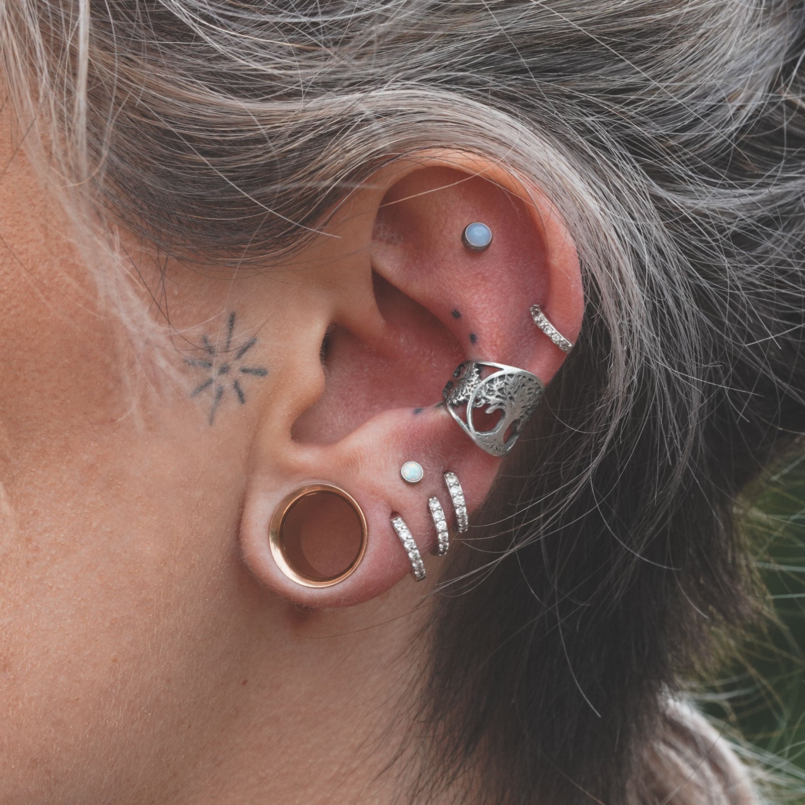 Tree Of Life White Brass Ear Cuff Model Shot
