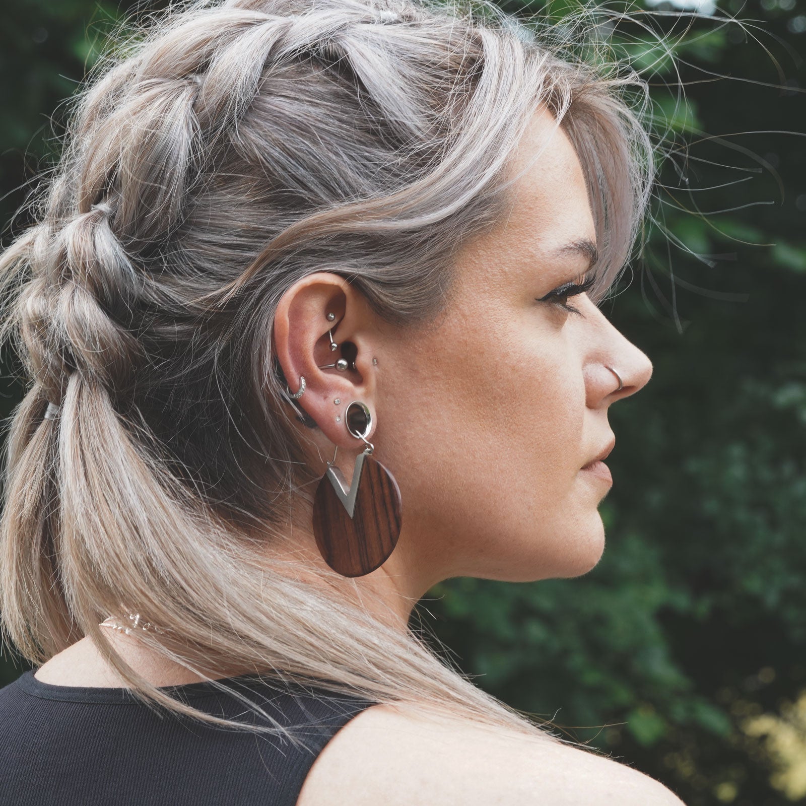 V-Circle White Brass & Narra Wood Plug Hoops Model Shot