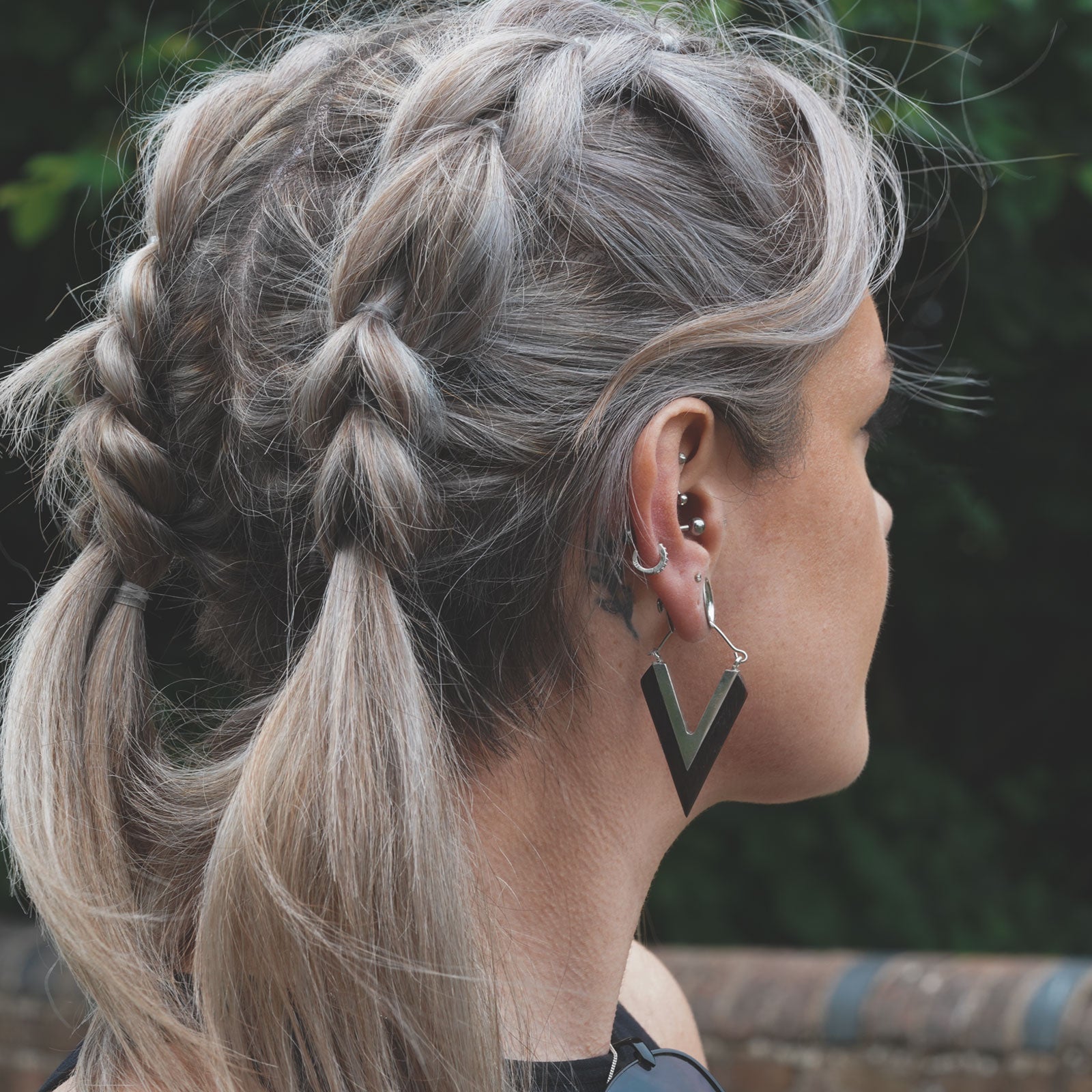 V-Shape White Brass & Narra Wood Plug Hoops Model Shot