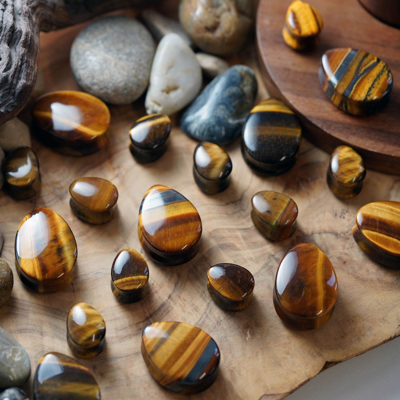 Yellow Tiger's Eye Double Flare Convex Teardrop Plug Group Shot