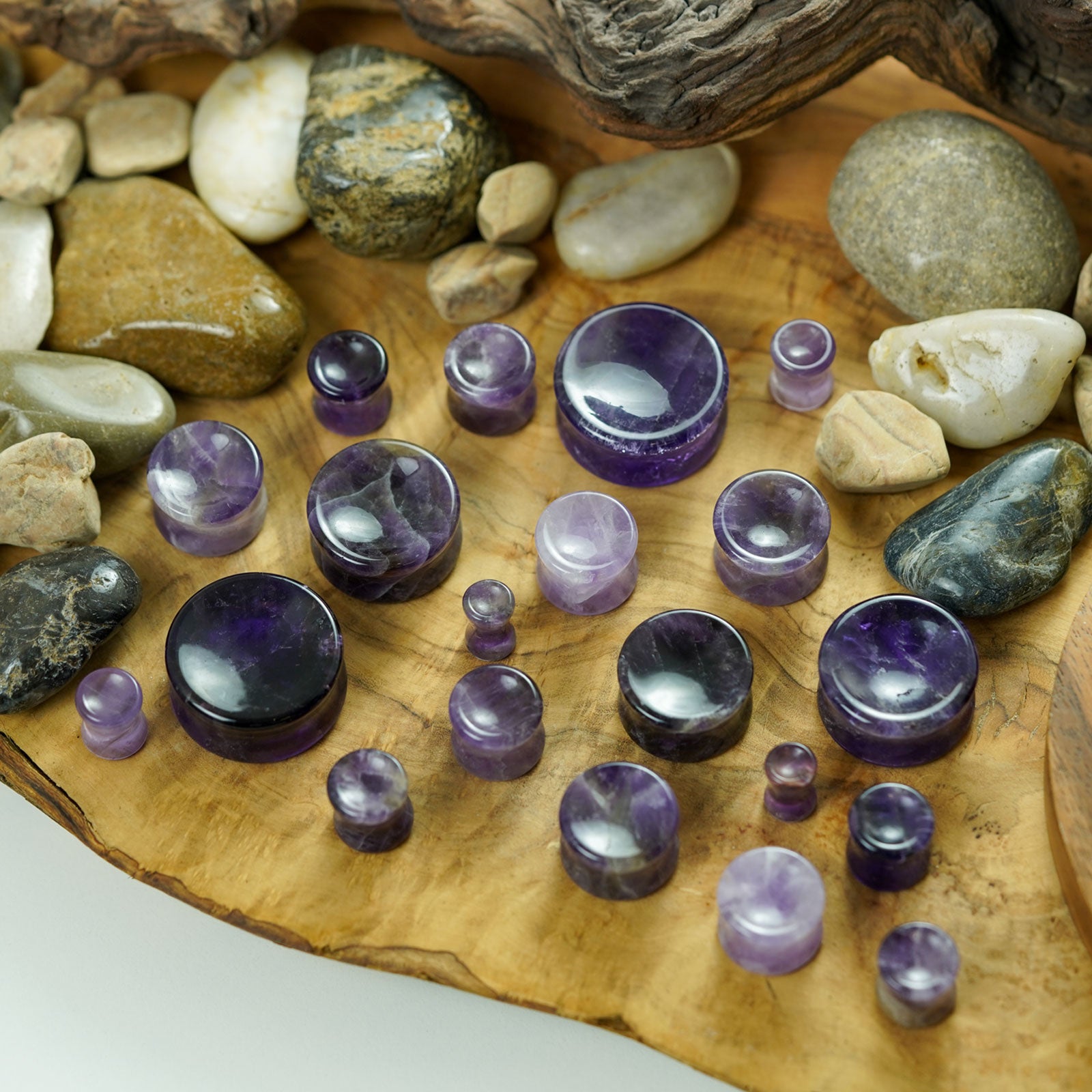 Amethyst Double Flare Concave Stone Plug Group Shot
