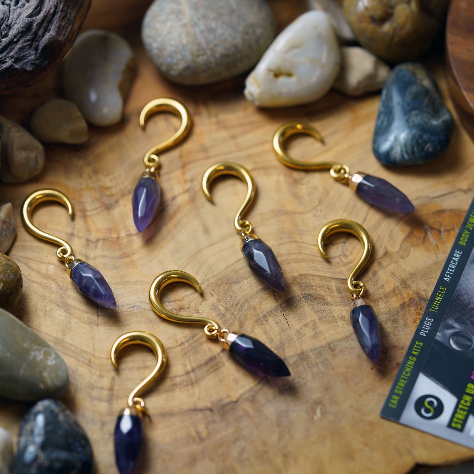 Amethyst Faceted Pendant With Gold PVD Hook Mini Ear Weight Group Shot