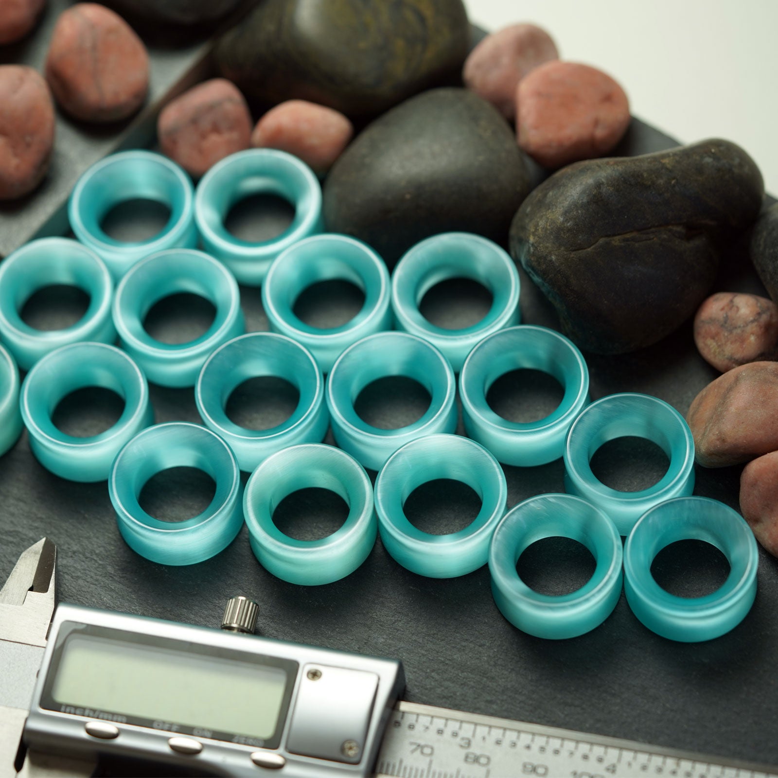 Aqua Cat's Eye Glass Double Flare Concave Tunnel Group Shot