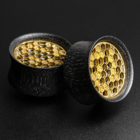 Areng Wood Double Flare Plug With Brass Honeycomb Inlay