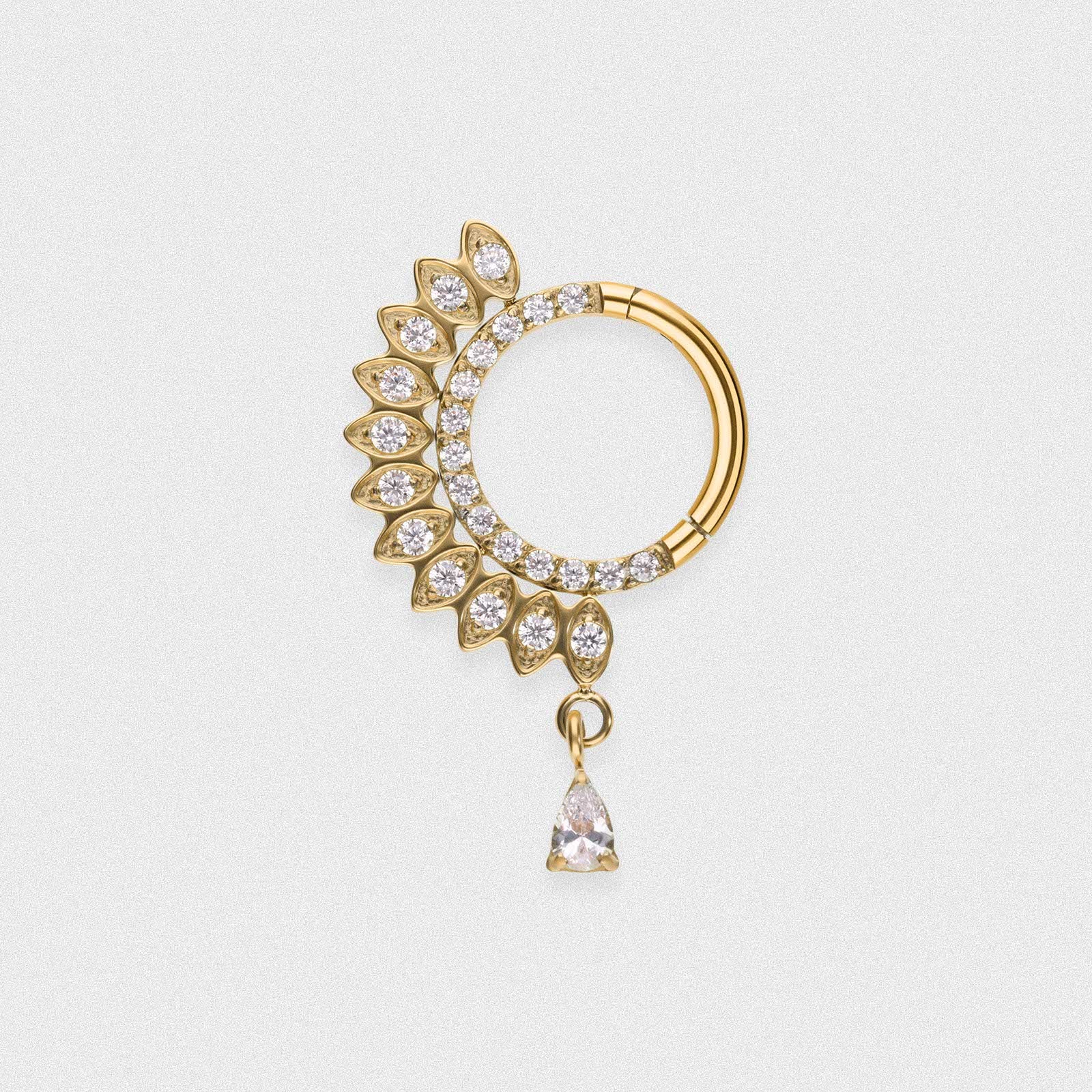 Bejewelled Fan Drop Gold PVD Titanium Hinged Segment Ring