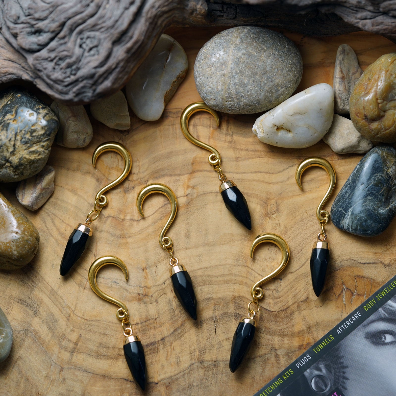 Black Agate Faceted Pendant With Gold PVD Hook Mini Ear Weight Group Shot
