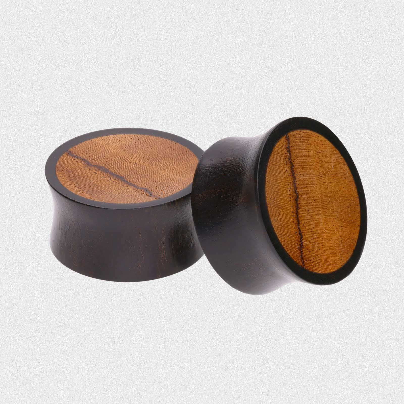 Black Areng Wood Double Flare Concave Plug With Olive Wood Inlay