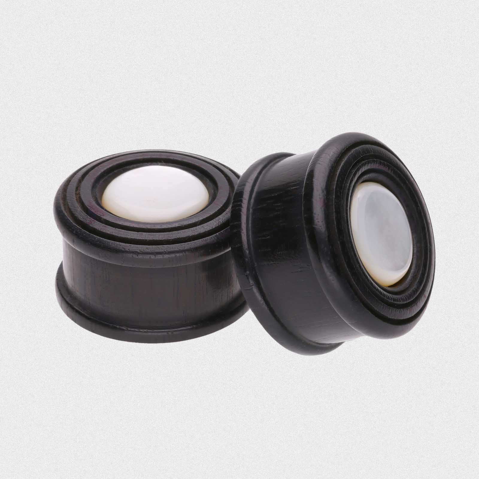 Black Areng Wood Double Flare Plug With Carved Circles & MOP Inlay