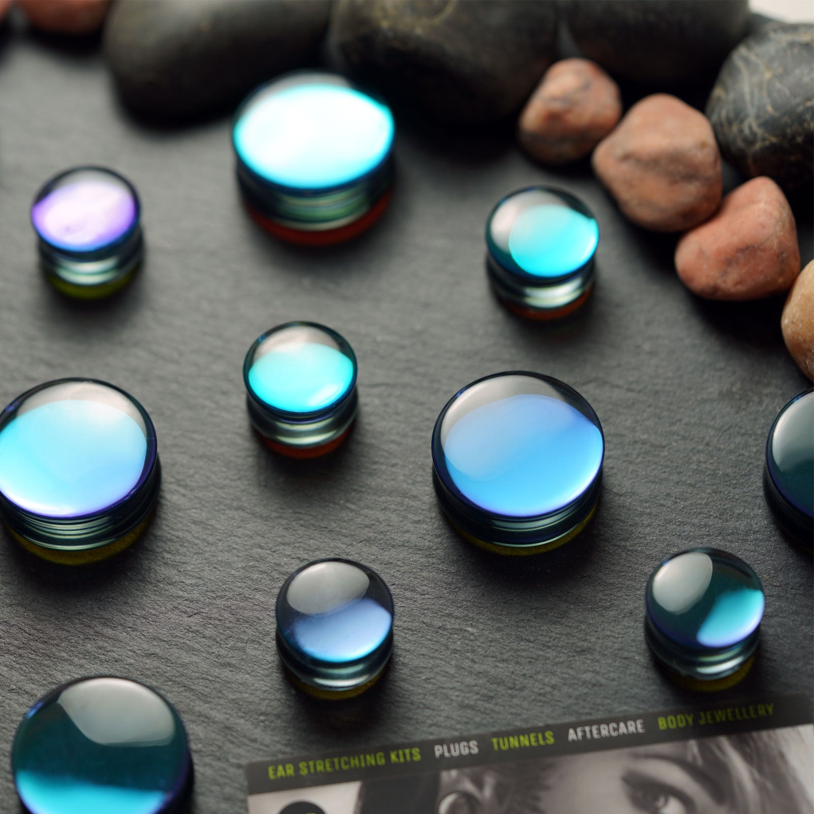 Black Aurora Glass Double Flare Convex Plug Group Shot
