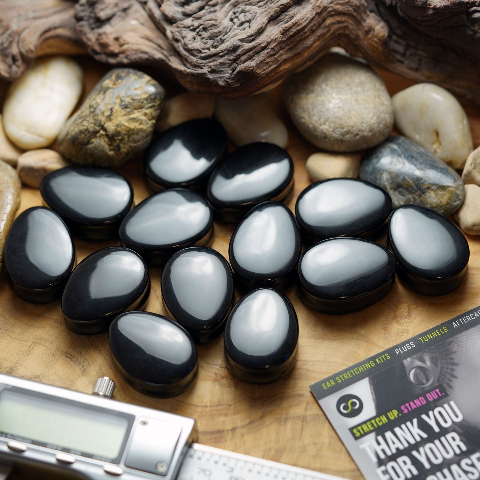 Black Glass Double Flare Teardrop Plug Group Shot