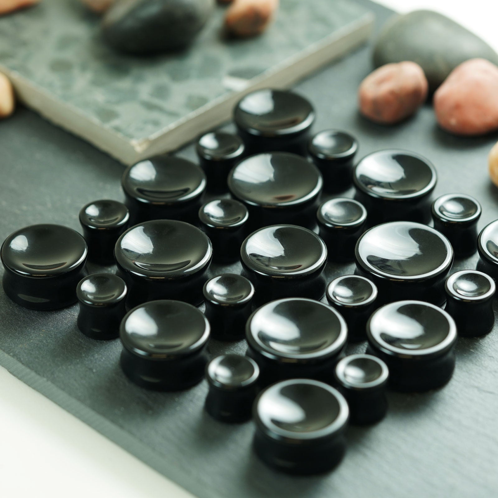 Black Onyx Double Flare Concave Stone Plug Group Shot Two