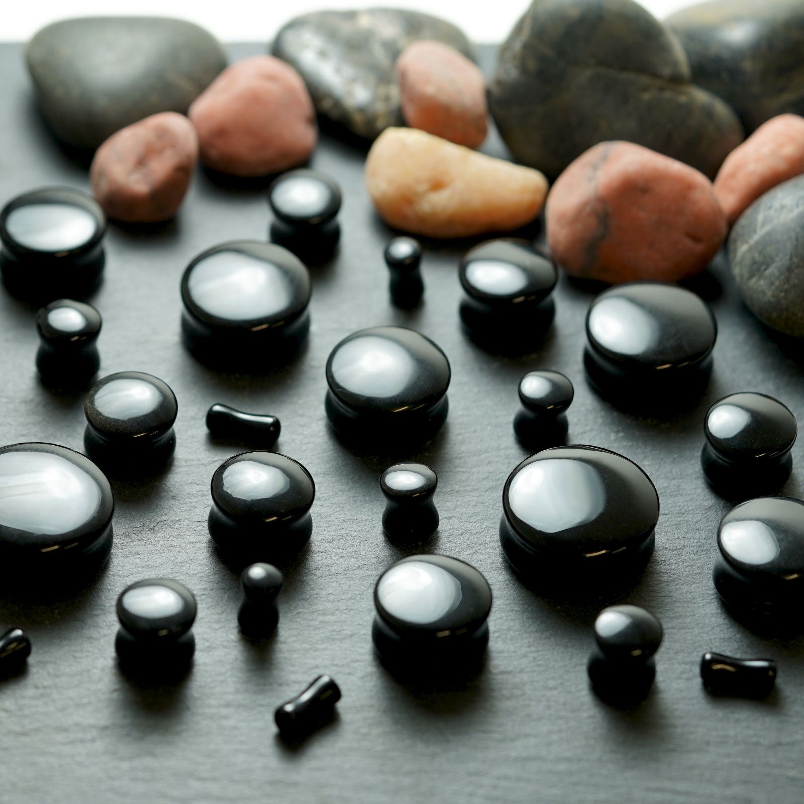 Black Onyx Double Flare Convex Stone Plug Group Shot