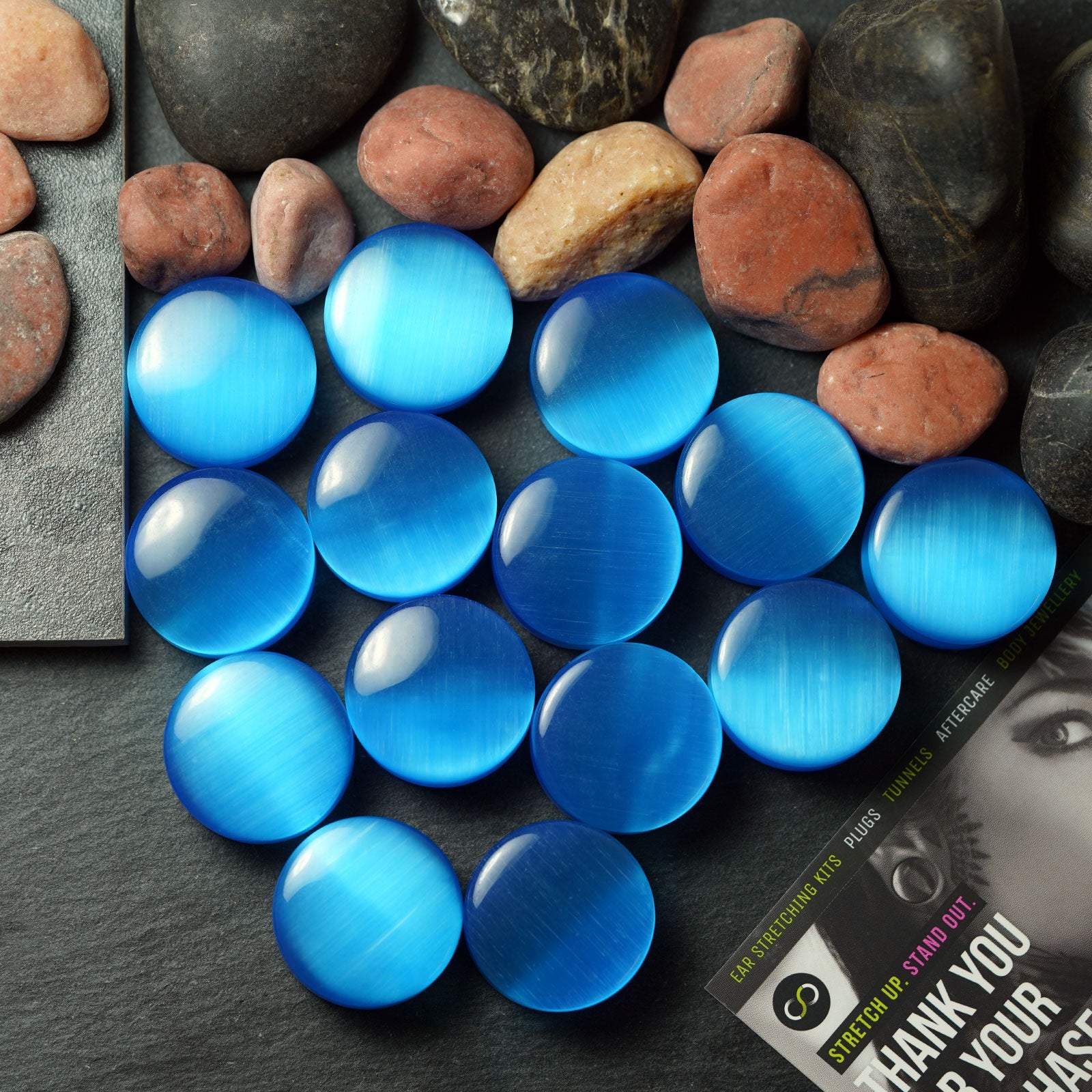 Blue Cat's Eye Glass Double Flare Convex Plug Group Shot