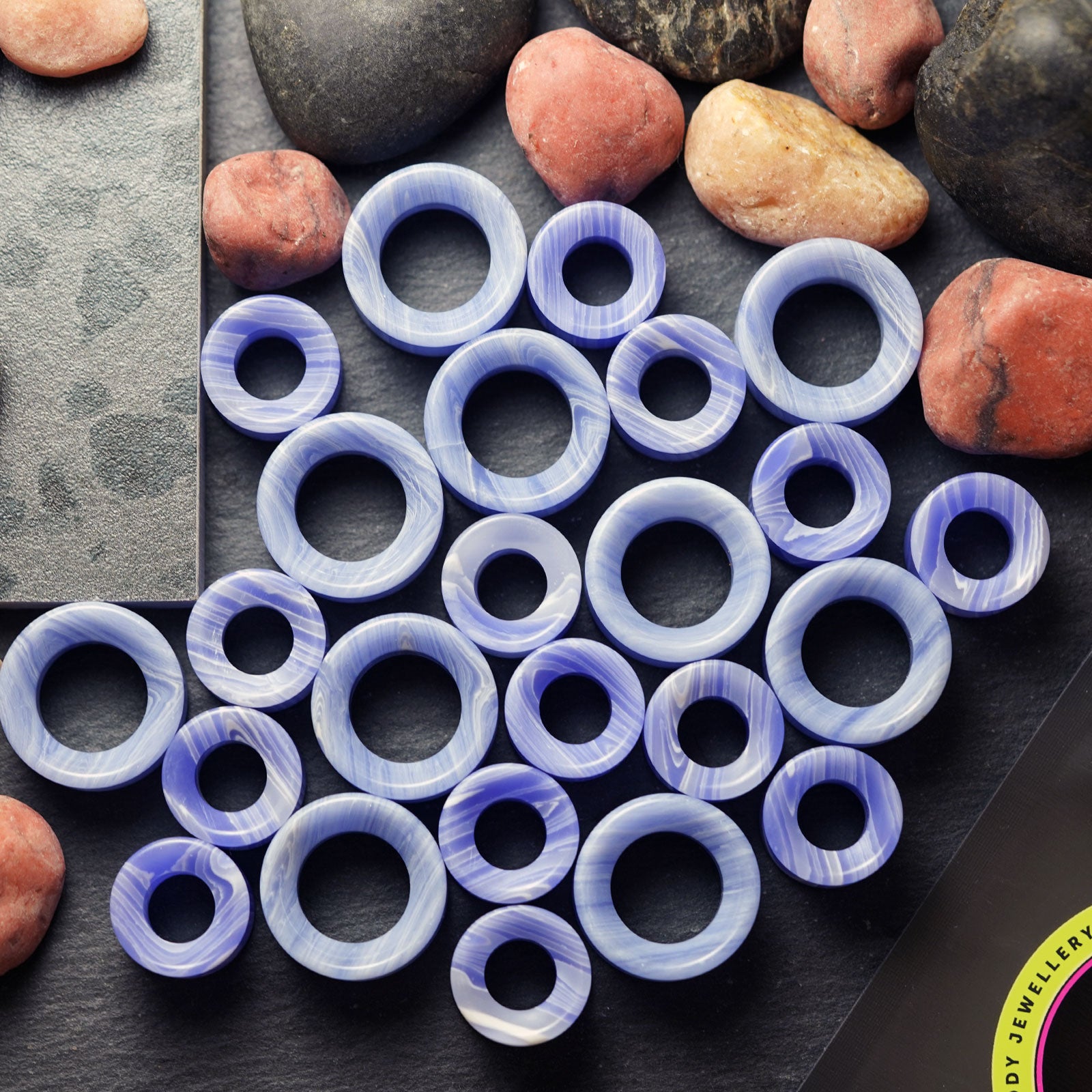 Blue Lace Agate (synthetic) Double Flare Concave Stone Tunnel Group Shot