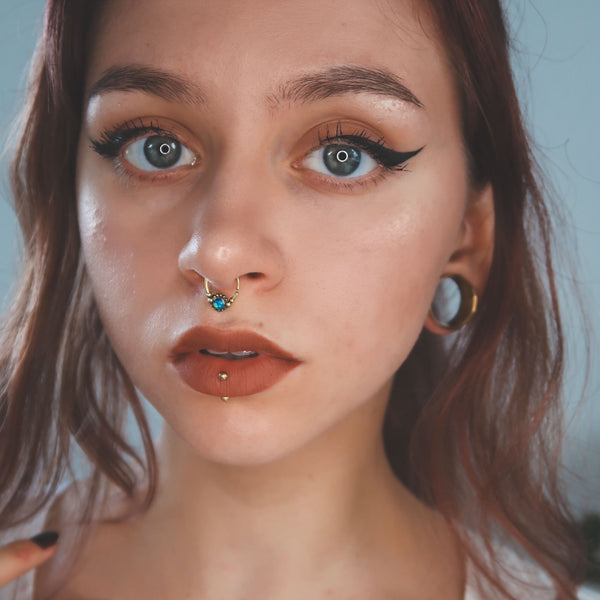 Blue Synth Opal Drop Brass Seamless Septum Ring