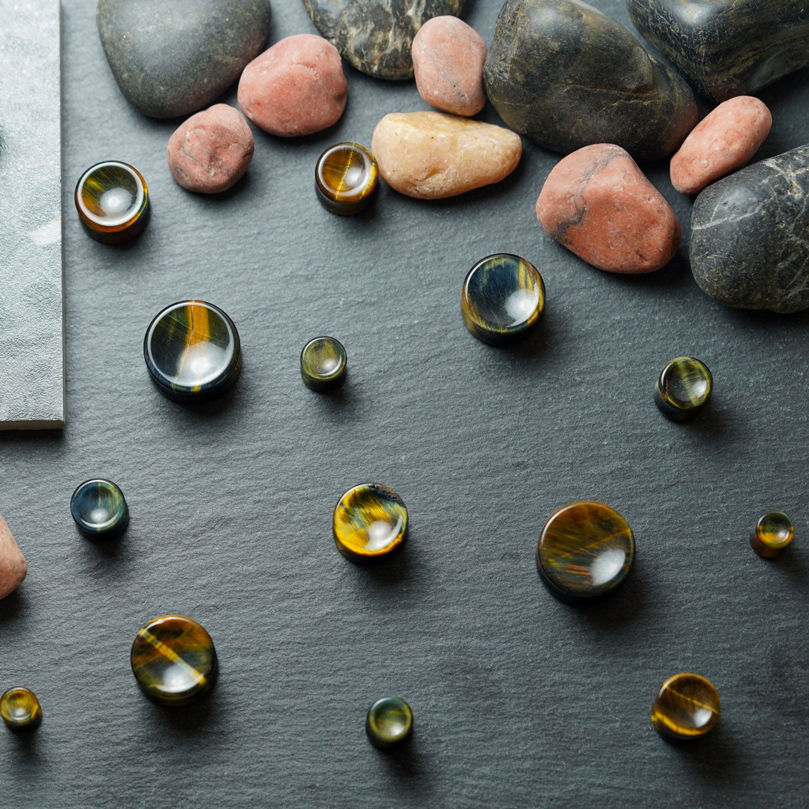 Blue Tiger's Eye Double Flare Concave Plug Group Shot