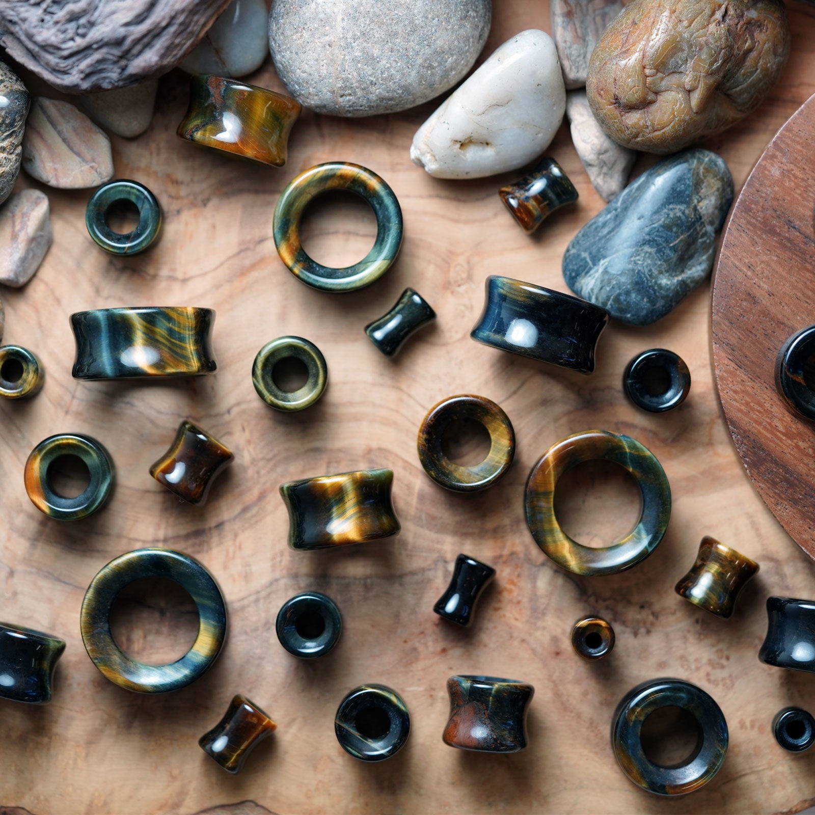 Blue Tiger's Eye Double Flare Concave Stone Tunnel Group Shot Two