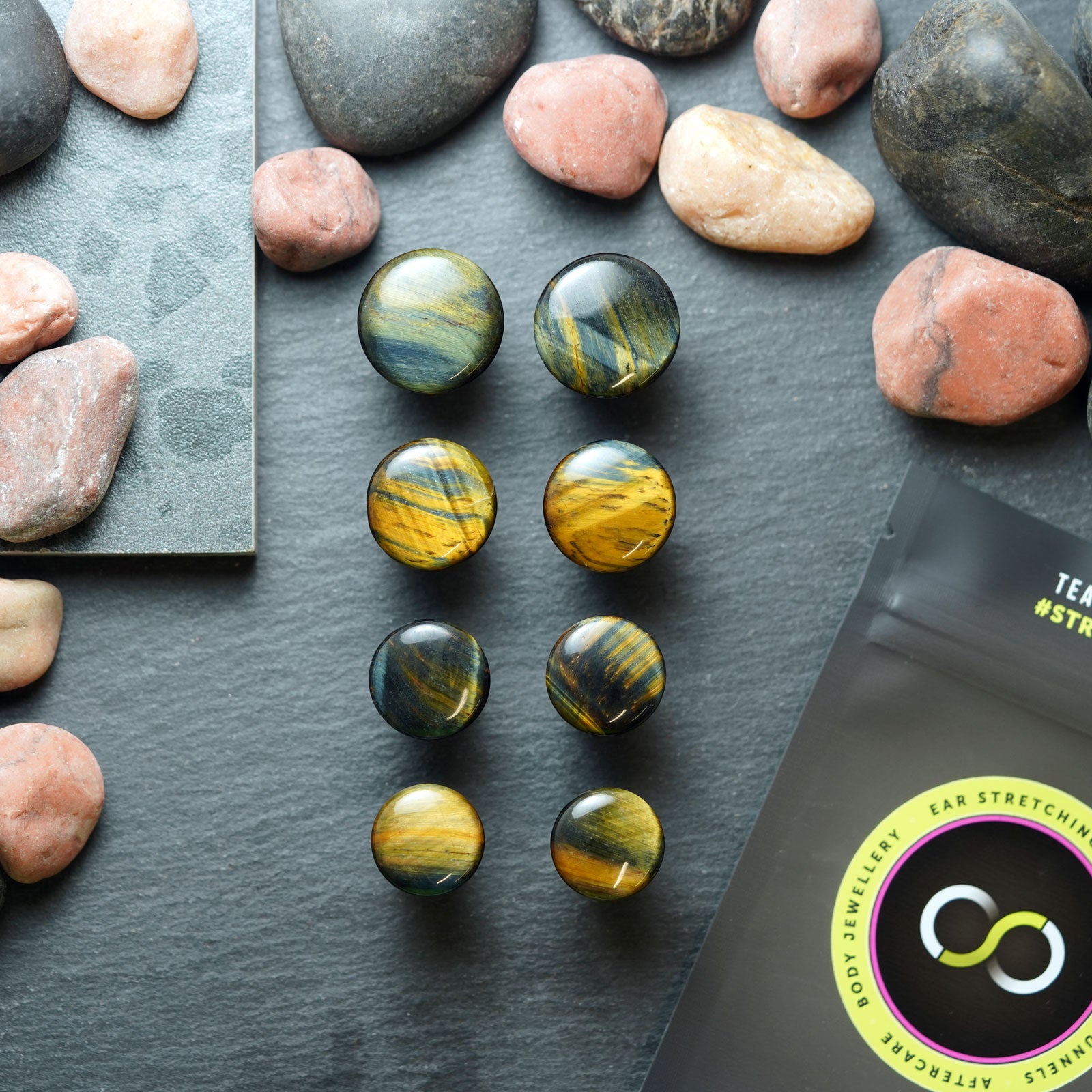 Blue Tiger's Eye Single Flare Convex Stone Plug Group Shot