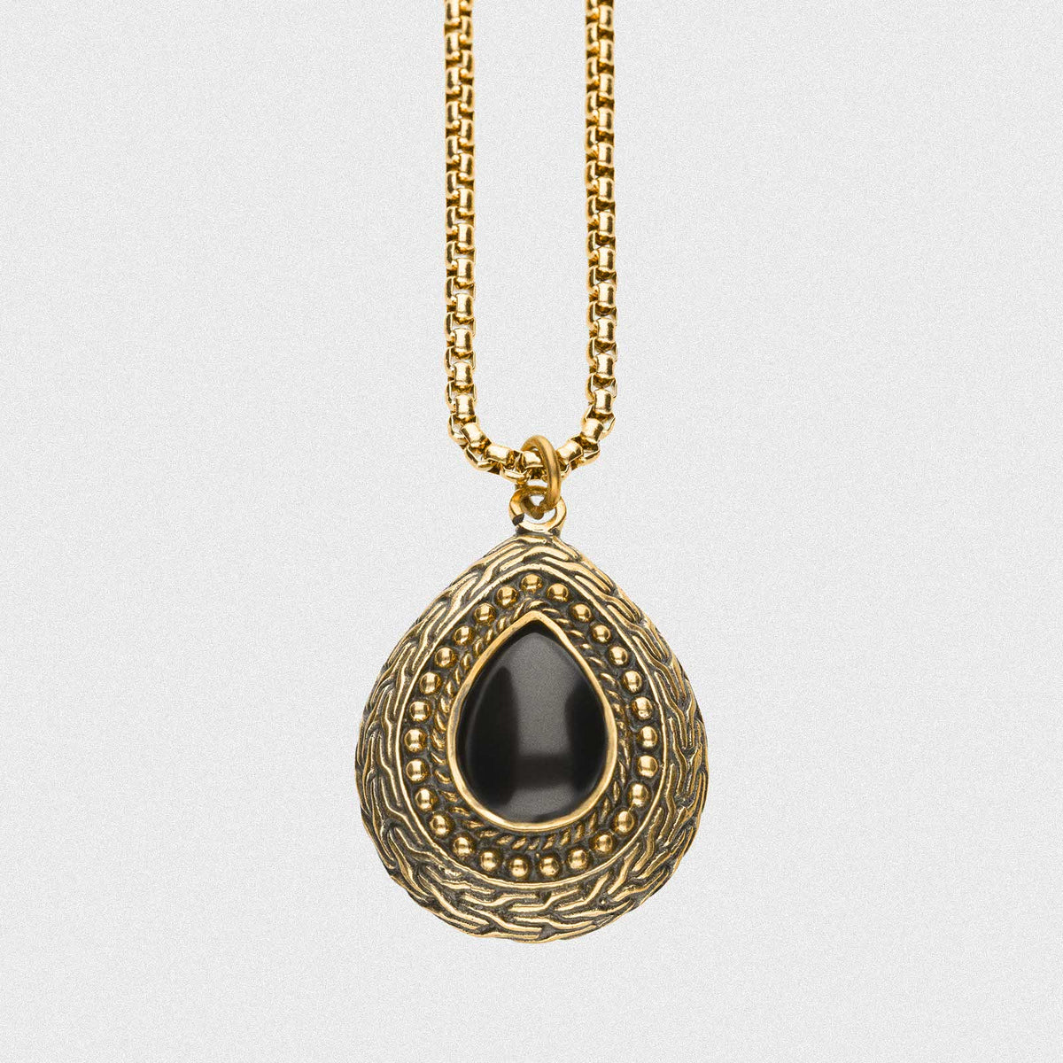 Brass Onyx Inlay Pendant With 18k Gold Box Chain | Brass Necklace