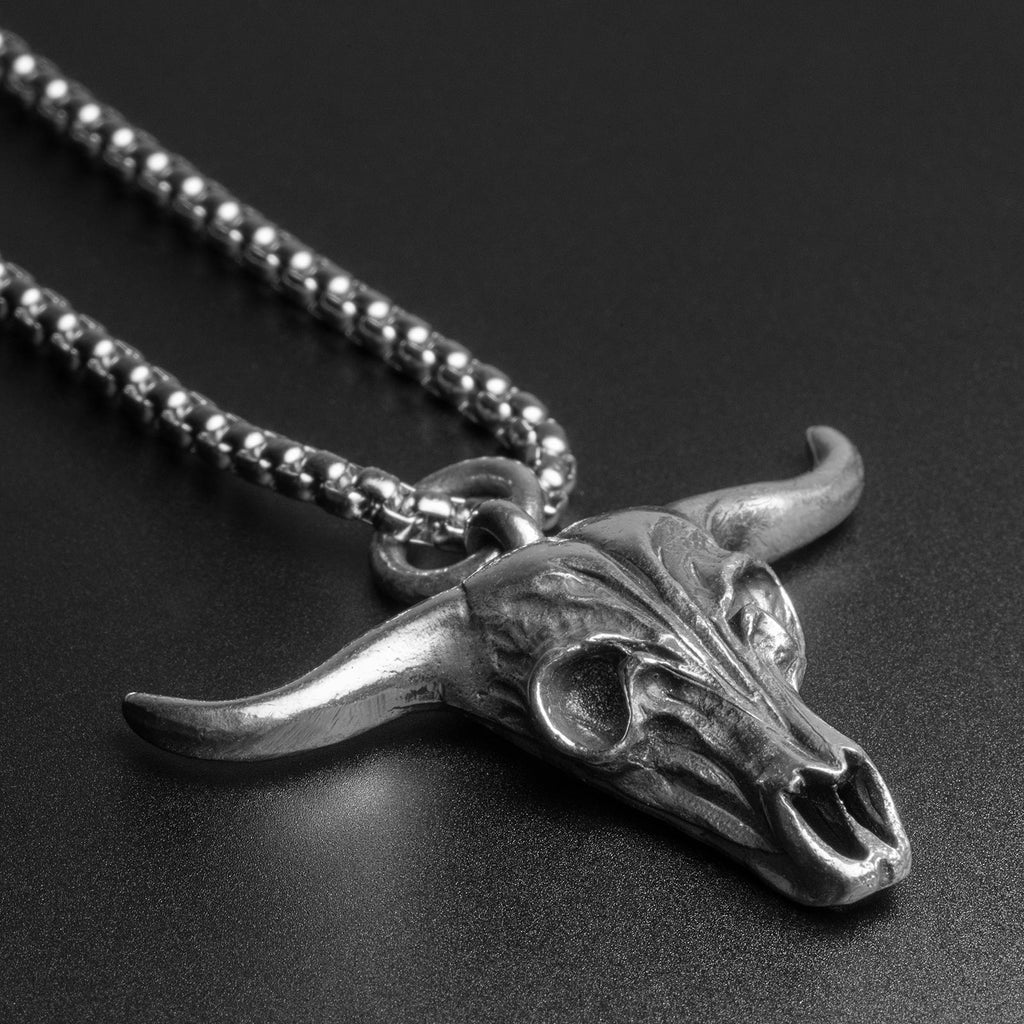 Bull Skull White Brass Pendant With Surgical Steel Box Chain