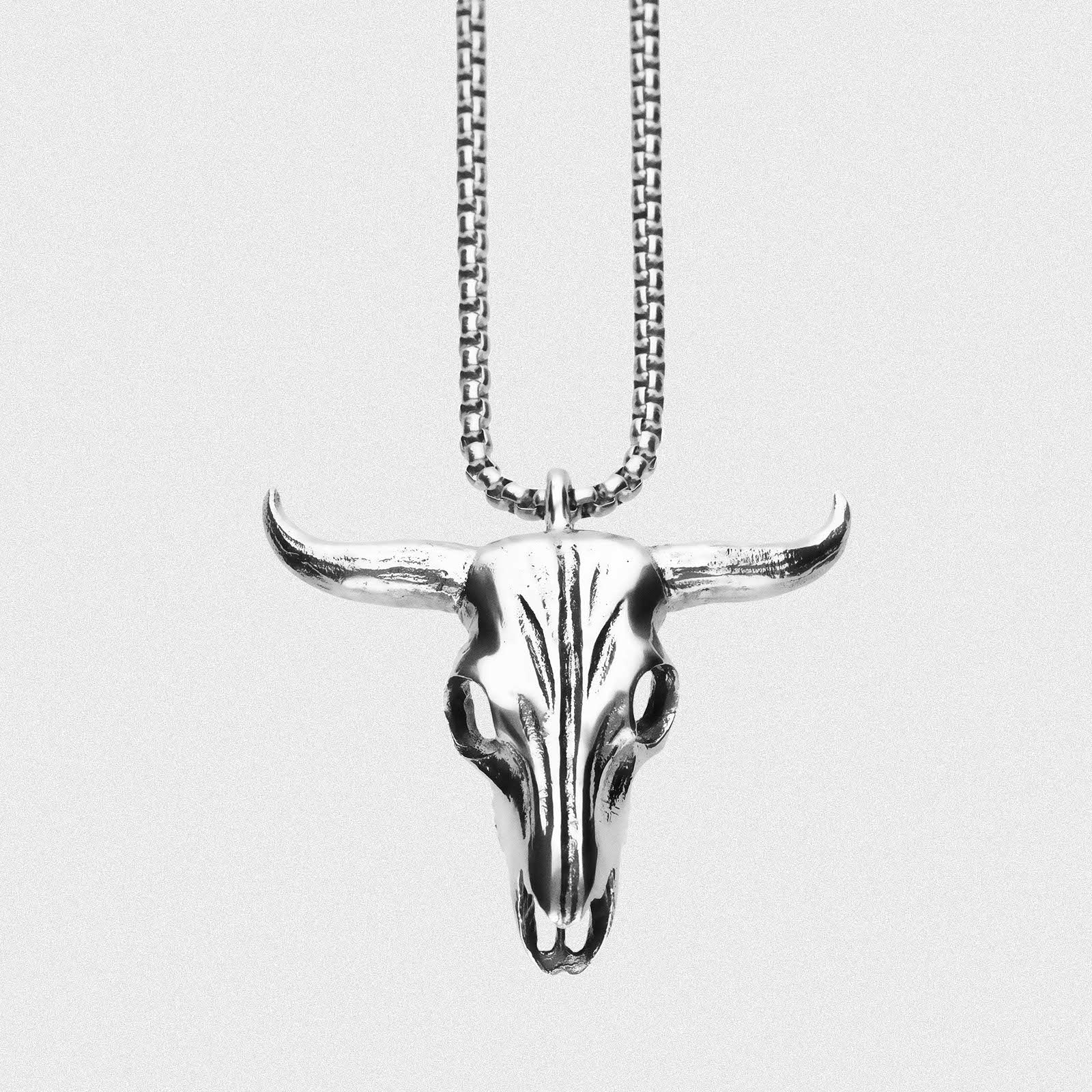 Bull Skull White Brass Pendant With Surgical Steel Box Chain