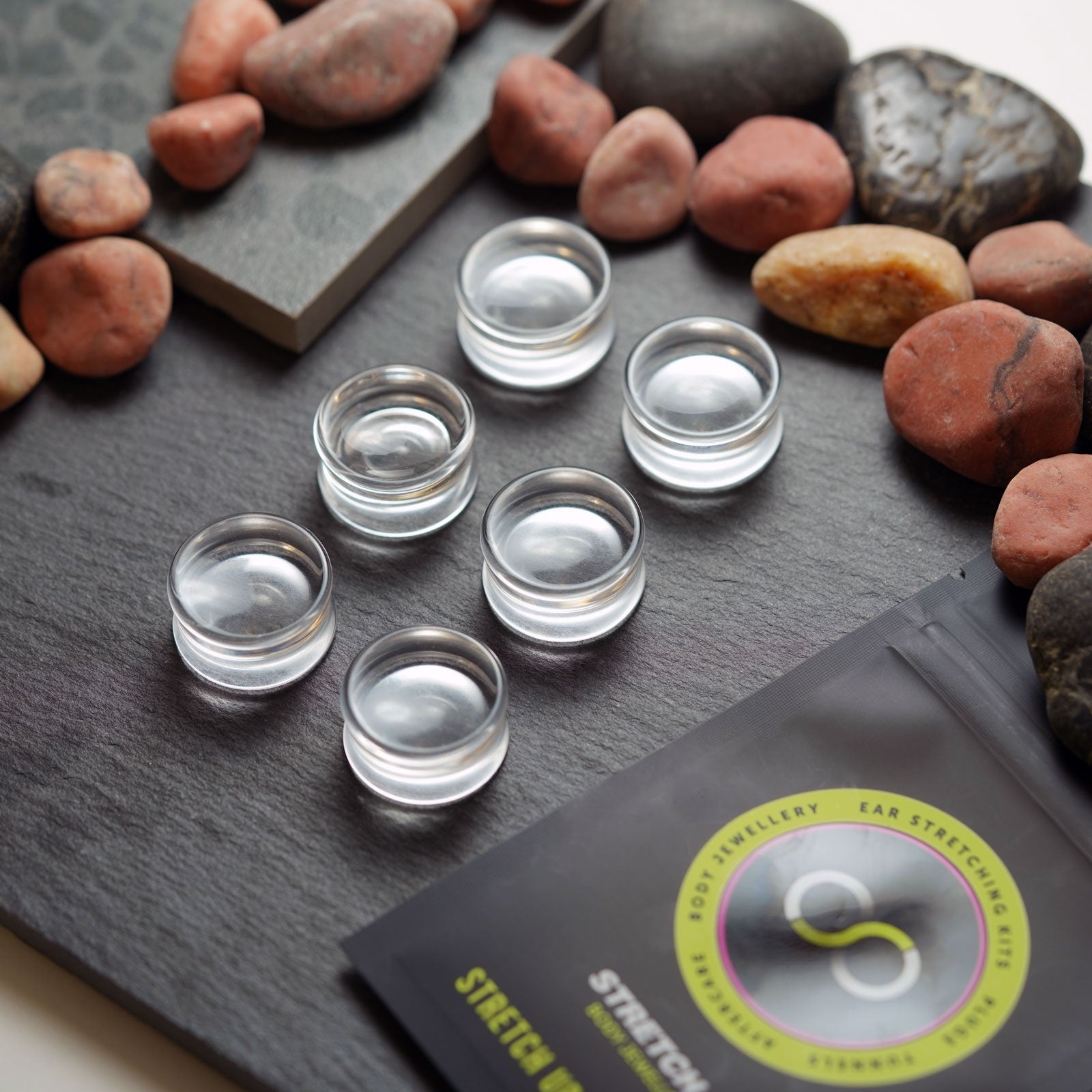 Clear Glass Double Flare Concave Plug Group Shot