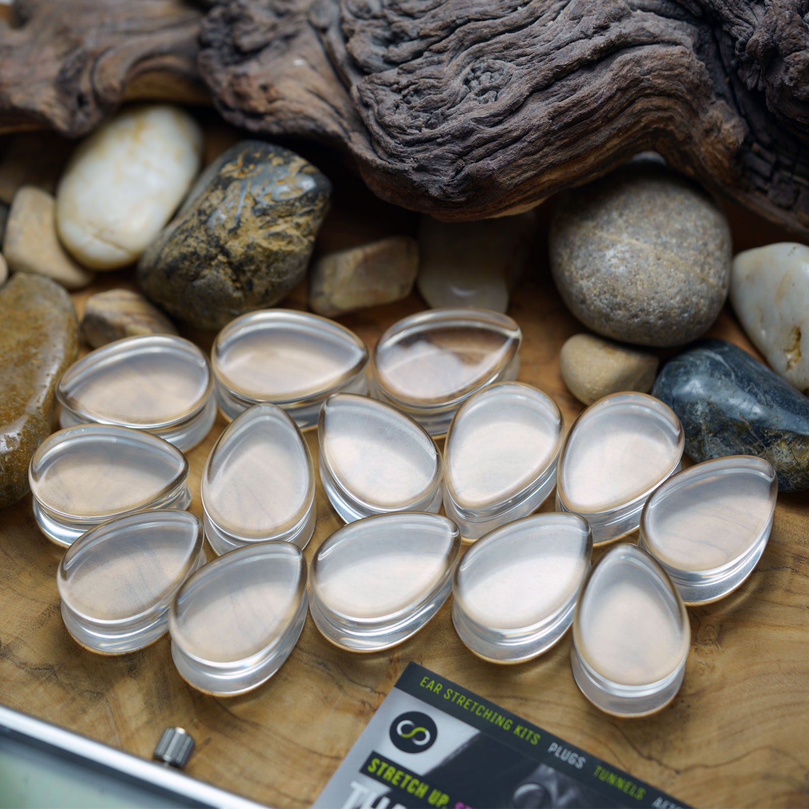 Clear Glass Double Flare Teardrop Plug Group Shot
