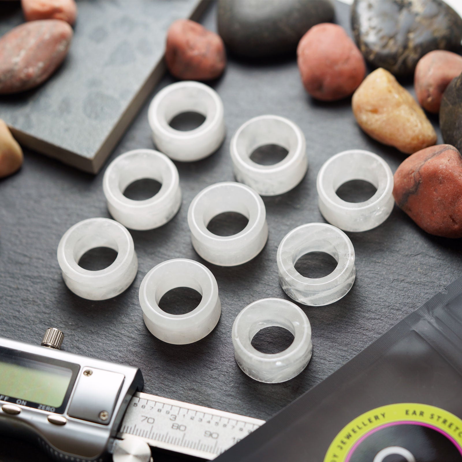 Cloudy Quartz Double Flare Concave Stone Tunnel Group Shot