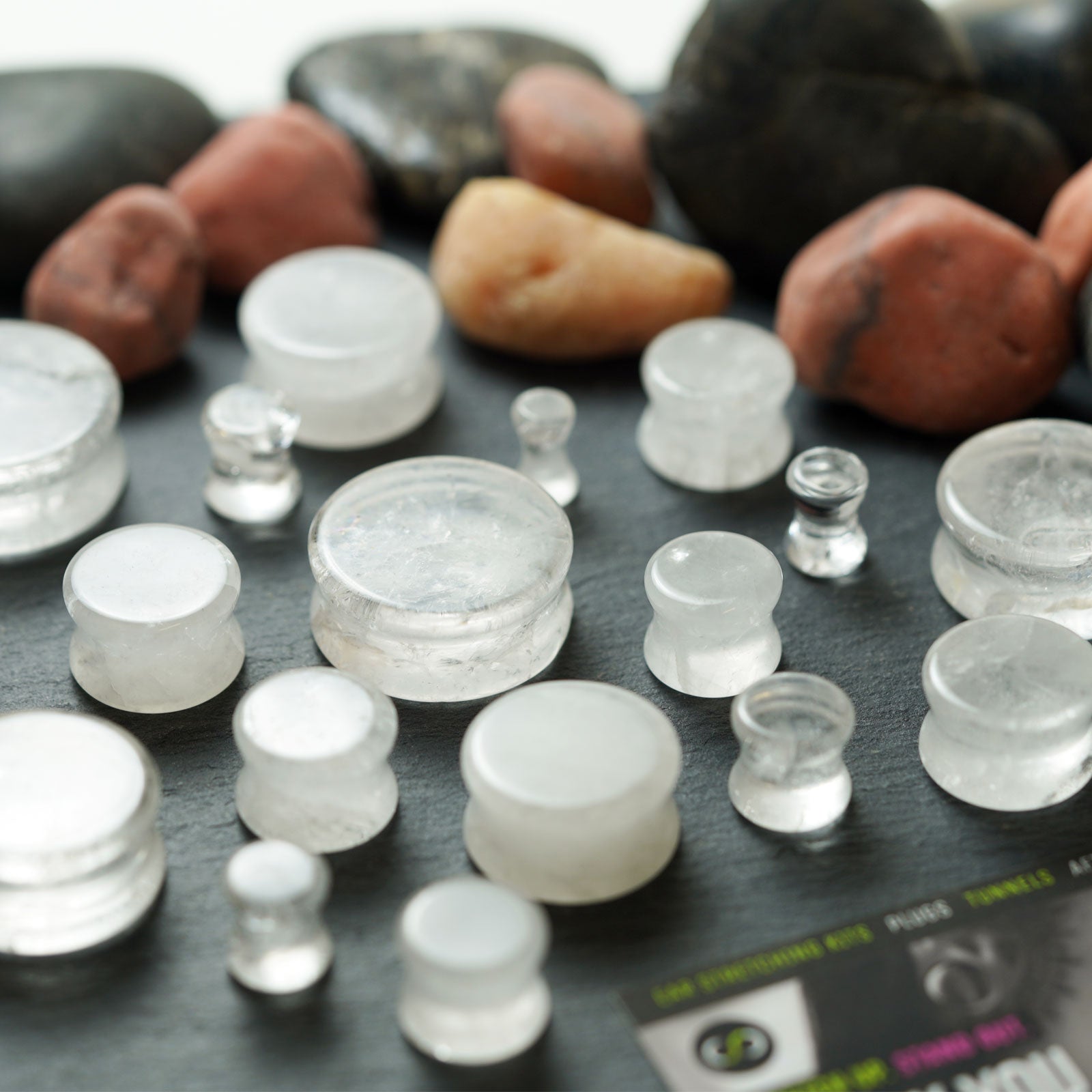 Cloudy Quartz Double Flare Stone Plug Group Shot Two